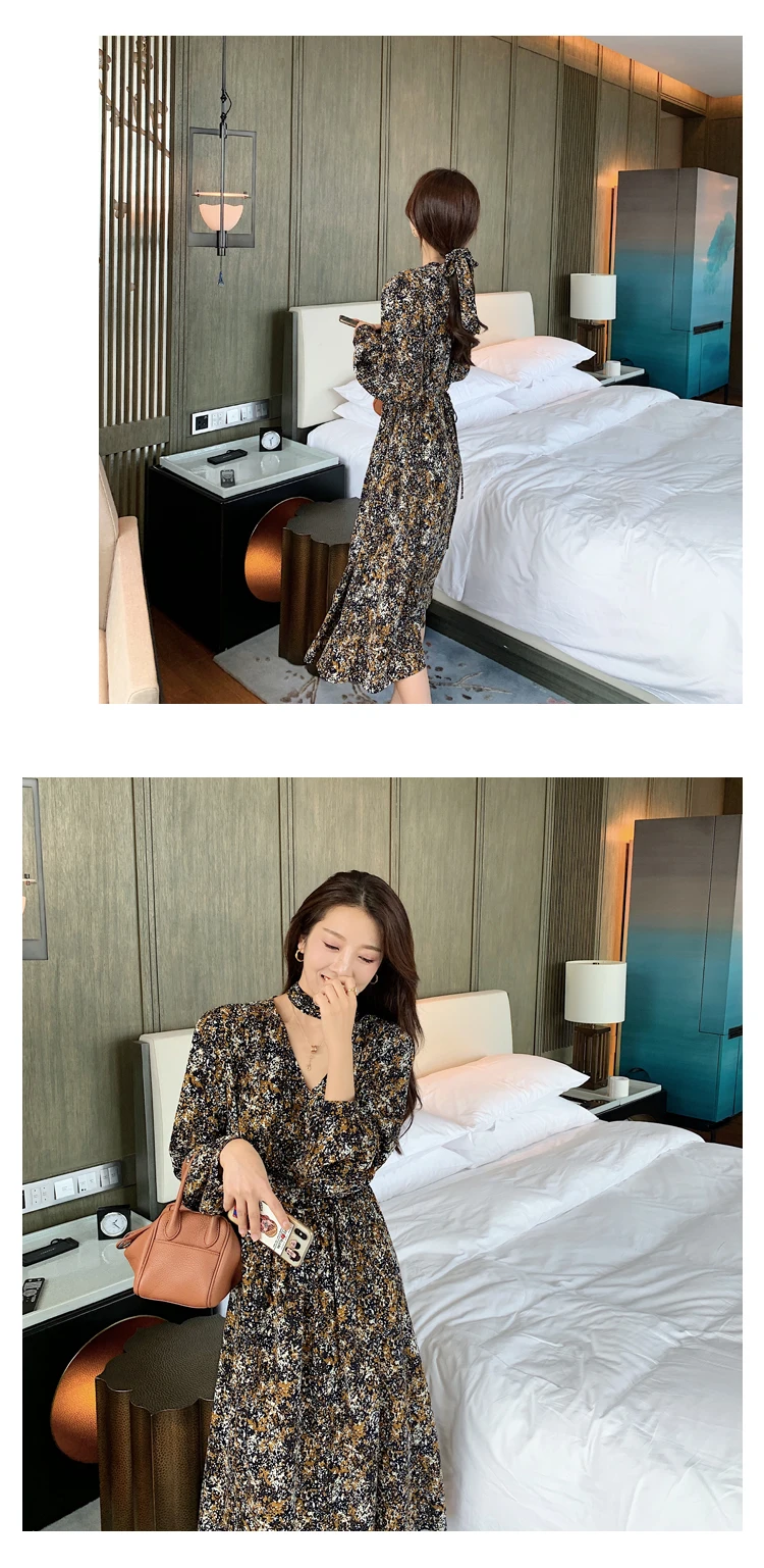 Vintage Print Holiday Boho Dress Women Long Sleeve Robe Femme Autumn Beach Sundress Korean Ladies Fashion Long Dress Vestidos