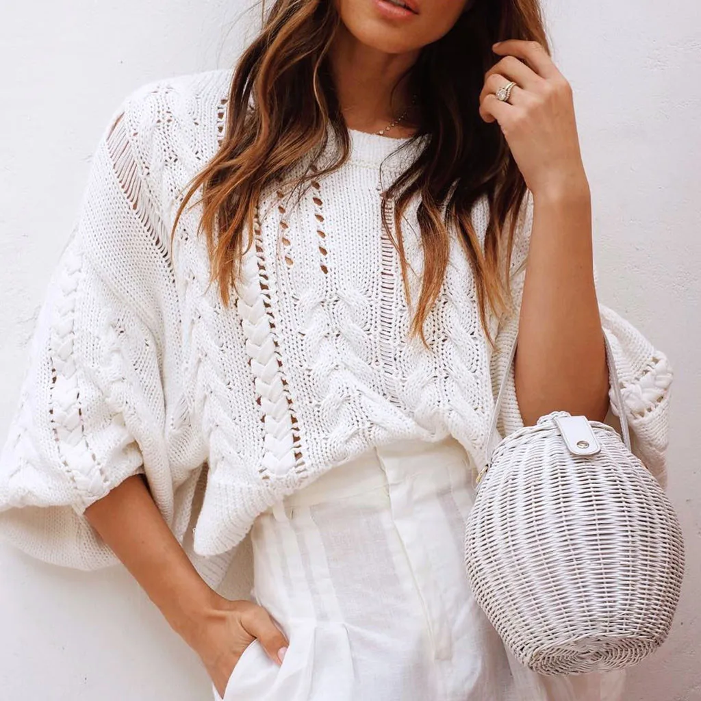

Women's Sweater Strapless Openwork Solid Color Sweater Casual Knit Loose Long Sleeve Turtleneck New джемпер женский