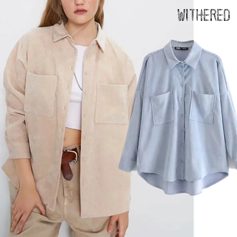 

Withered spring england preppy oversize corduroy boyfriend shirt women blusas mujer de moda2020 womens tops and blouse plus size