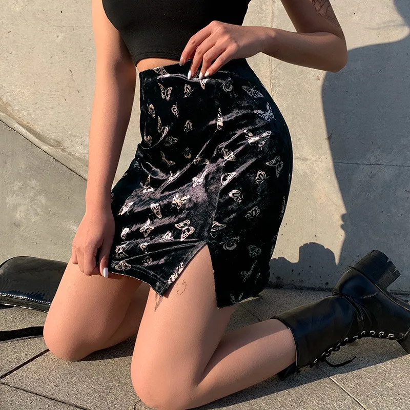 

Black Dark Goth Women Chinese Style Mini Skirts 2020 Lady Empire Butterfly Print Split Hip Velvet Gothic Punk Hipster Chic Skirt
