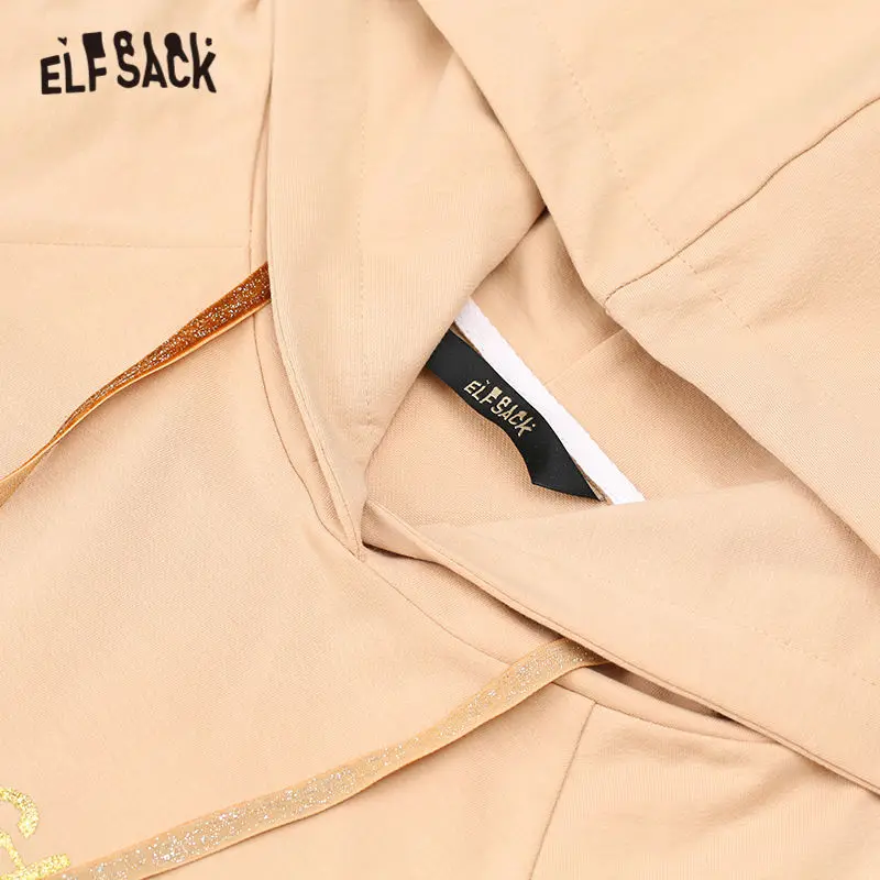 ELFSACK черная однотонная китайская толстовка с капюшоном и принтом единорога для женщин зима Абрикосовый бархат на шнурке повседневные женские базовые Топы