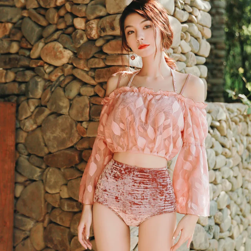 

Betis Bikini Bathing Suit Women's Three-piece Set Small Bust Gathering-Slimming Conservative Split Type Long Sleeve Blouse Swimw