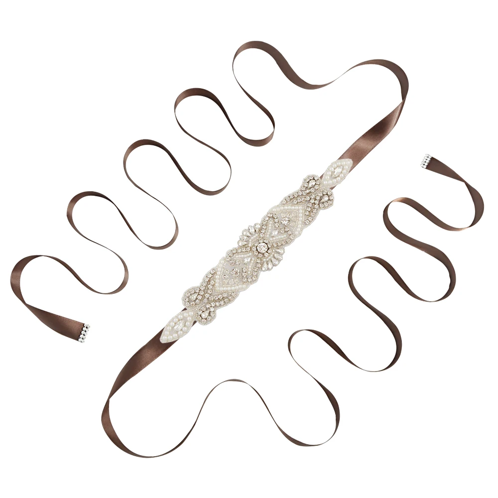 brown TRiXY S208 Стразы свадебное с жемчужными бусинами Ремни атлас Кристалл свадебное платье пояс свадебные аксессуары свадебные ленты пояс - Цвет: brown