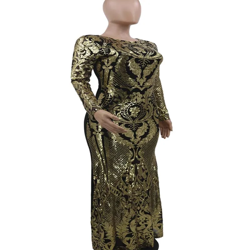 Elegant Sequins Evening Party Dress Women African Clothes Bodycon Dress Autumn Vintage Long Sleeve Long Maxi Dress Robe