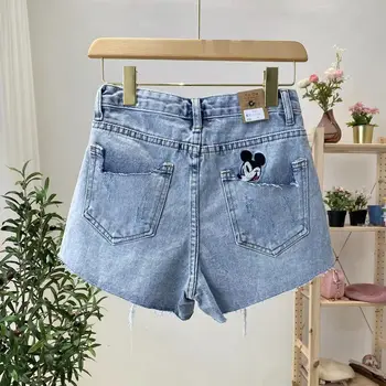 

2020 New Summer Shorts Women Cartoon Mouse Embroidered Denim Shorts Loose High Waist Tassel Hot Pants Vintage Hole Denim Shorts