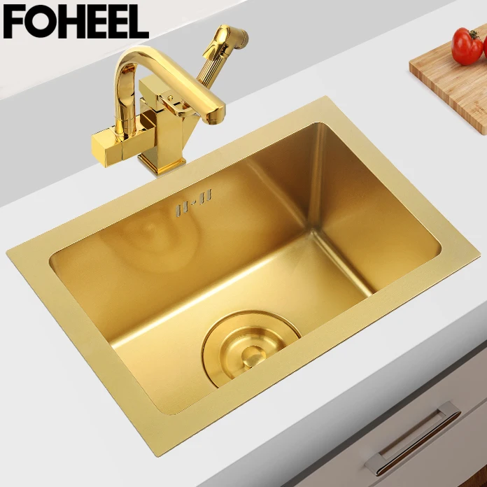 

FOHEEL Gold Kitchen Sink Single Bowl Handmade Above Counter Or Udermount Vegetable Washing Black Sink Stainless Steel FKS17