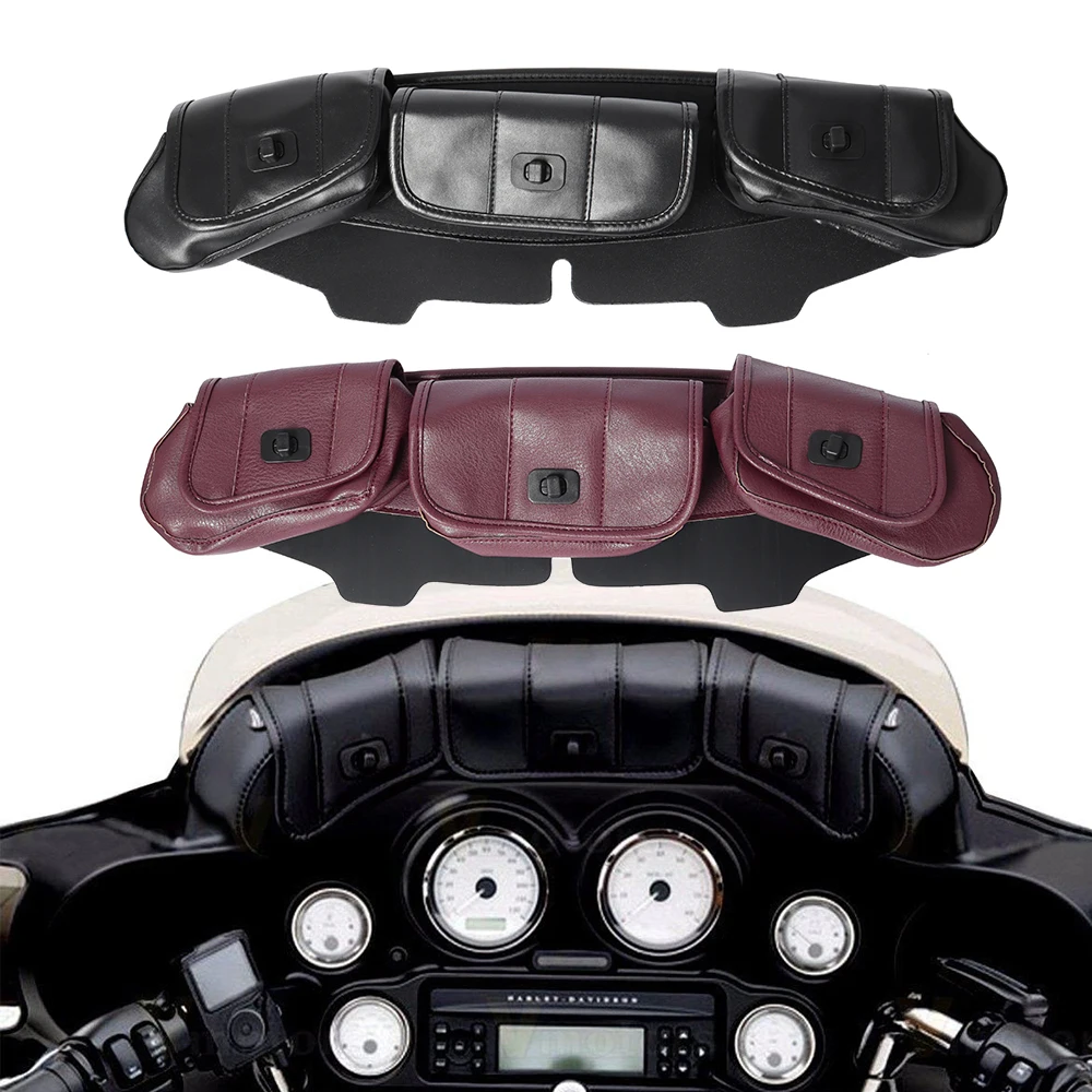 Black Motorcycle 3pocket Windshield Batwing Fairing Pouch Bag Pu