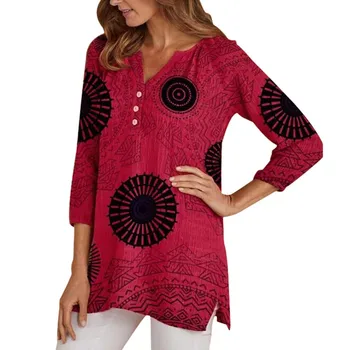 

Women's Blouse Plus Size 2XL Shirts Floral Printed Summer Tops V-neck Short Sleeve Slit Blouses Tops Casual Loose Button Blusas