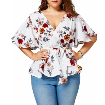 

Oversized 5XL plus size blusas mujer de moda 2019 womens tops and blouses flare sleeve Bow belt Lotus leaf blouses v neck