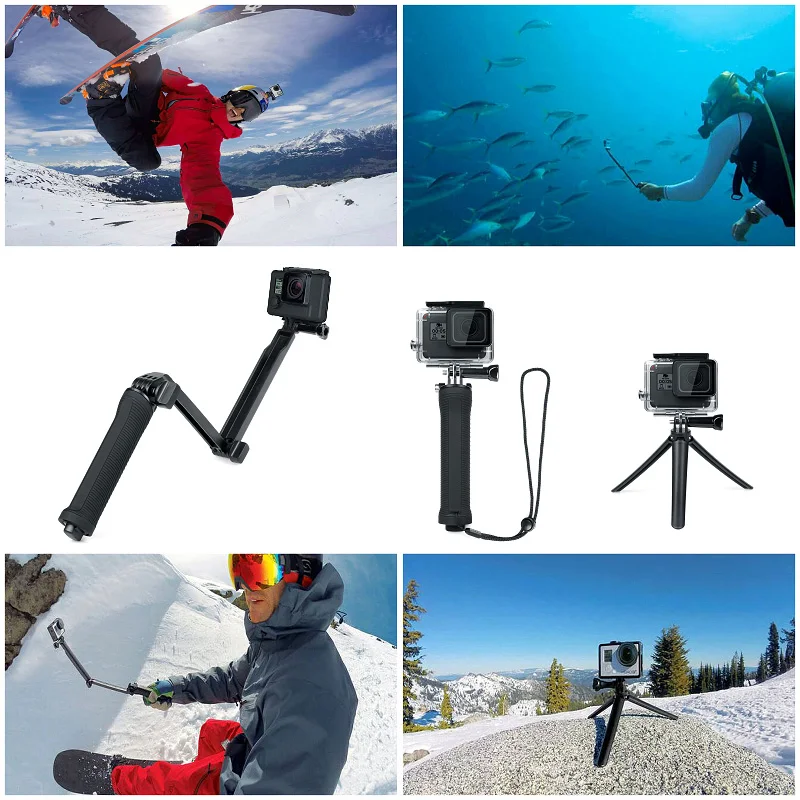 3 Way Grip Waterproof Monopod Selfie Stick Tripod Stand for GoPro Hero 10 9 8 7 6 5 Yi 4K SJCAM EKEN DJI OSMO Go Pro Accessories