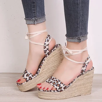 

Women Leopard 2020 Summer Sandals Straps Shoes Woman Comfortbale Ladies Gladiatoe Wedges Female Ankle Footwear Plus Size