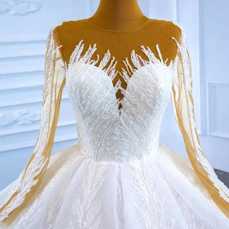 J67235 White Wedding Dress 2021 Pearls Sexy Deep V-Neck Long Sleeve Lace Up Back Beading Sequined Appliques 6