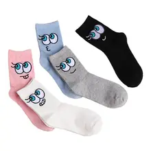 5 Pairs Harajuku Women Cotton Crew Socks Big Eyes Expression Print Tube Hosiery