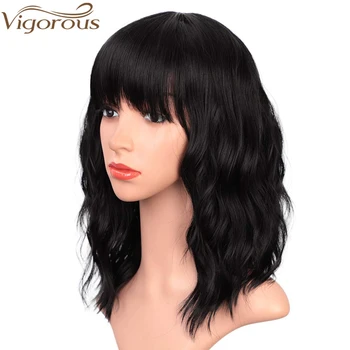 

Vigorous Short Wave Wig with Bangs Black Synthetic Bob Wigs for Women Heat Resistant Fiber 14 Inches Natural Hair Wig