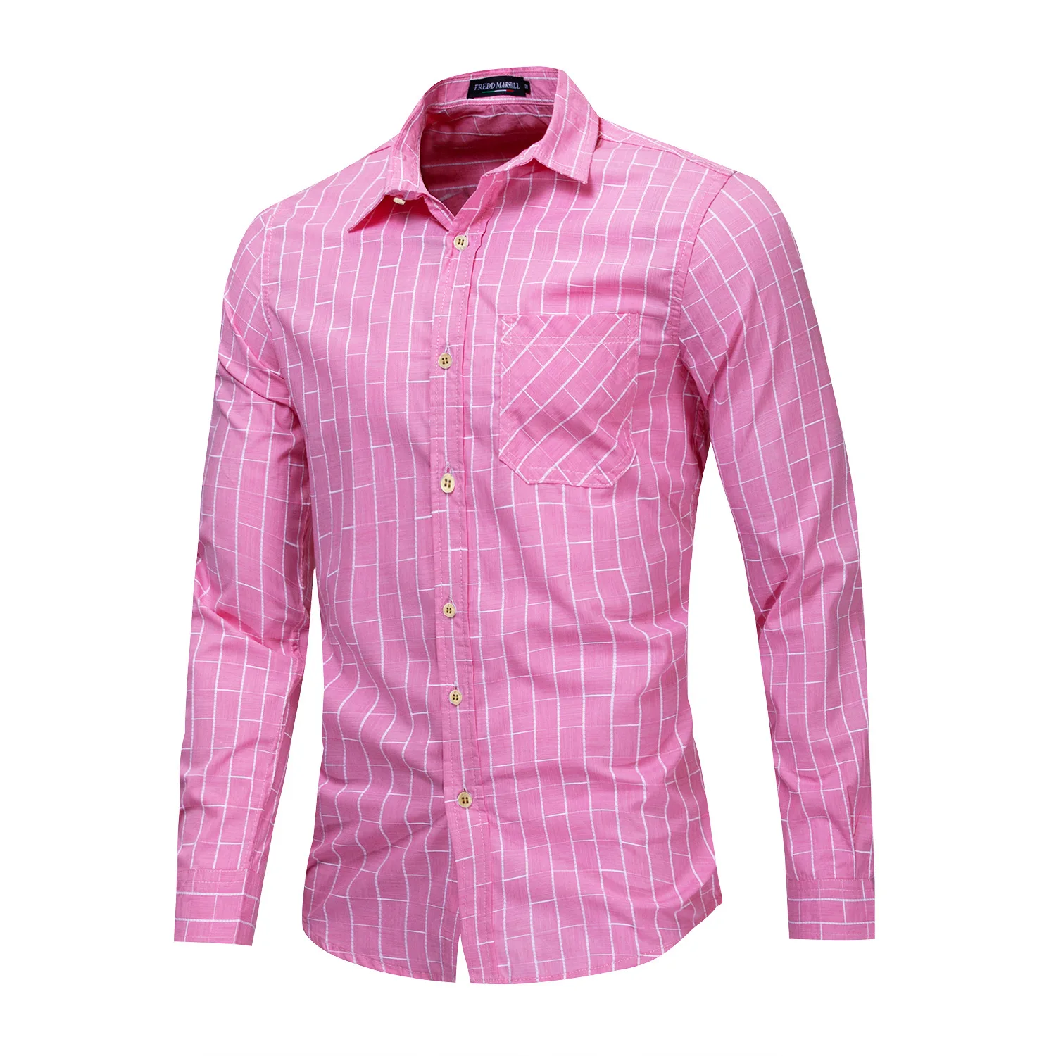 High Quality Men's Pink Plaid Shirt Long Sleeve Buttoned 100% Cotton | Мужская одежда