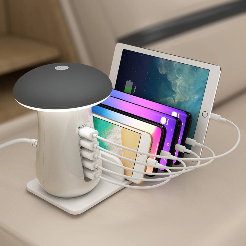 

USB Phone Charger Mushroom Night Lamp Charging Station Dock with QC 3.0 Quick Charger with 5 Ports for Iphone for Samsung