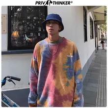 Privathinker Мужские осенне-зимние цветные толстовки с галстуком, мужские свободные Цветные толстовки с капюшоном, мужские плотные топы с круглым вырезом