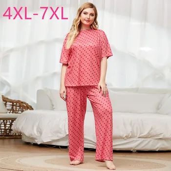

New 2020 summer plus size pajamas for women loose red polka dot T-shirt and long pants home wear two piece suits 4XL 5XL 6XL 7XL