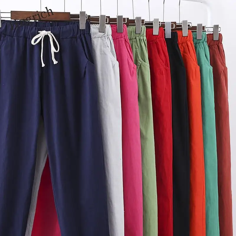 

Брюки женские на шнуровке, спортивные штаны, хлопково-льняные брюки-султанки, повседневные штаны карамельных цветов, на лето