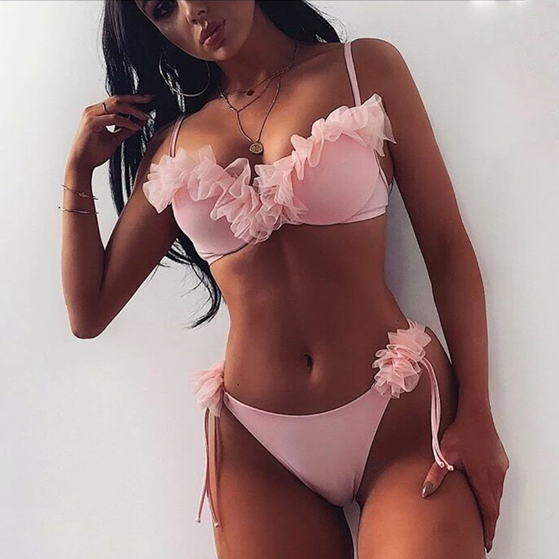 Pink 1 Сексуальные бикини с цветами, женский купальник, пуш-ап, бикини с оборками, купальник, бразильский купальник, пляжная одежда, купальник для женщин - Цвет: Pink 1