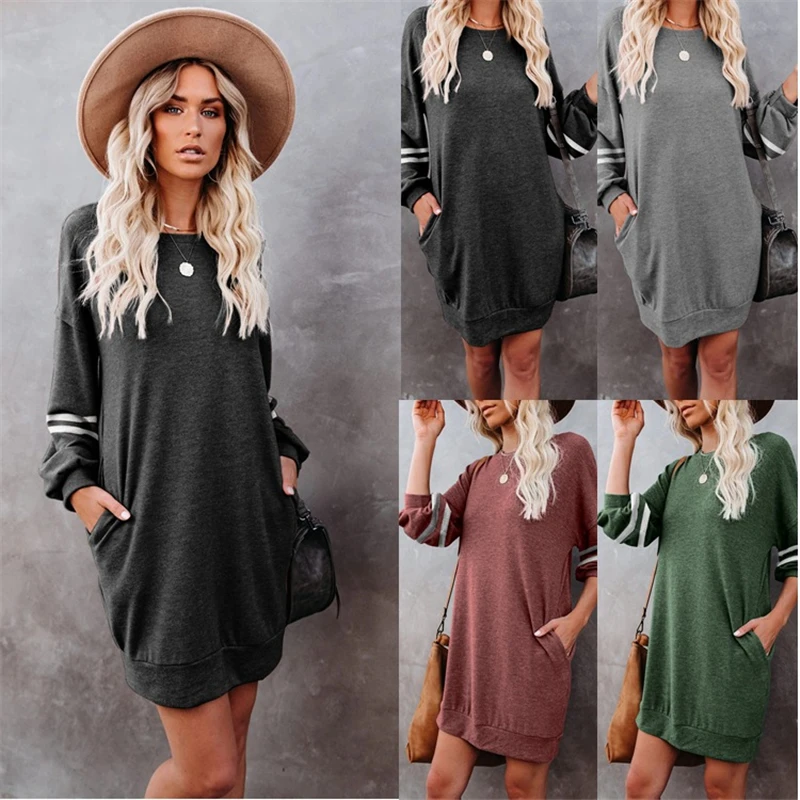 

Women Loose Pullover Dress Autumn Long Sleeve Pocket Casual Mini Dresses Oversize O-Neck Solid Color Patchwork Streetwear