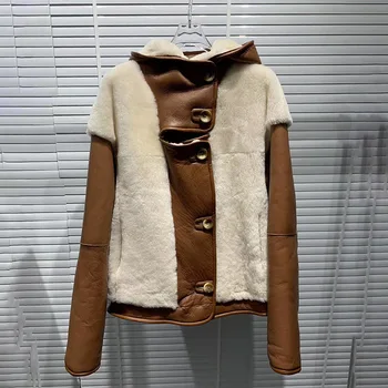 

female hooded collar lamb hair short profile motorcycle PU leather jacket coat 2020 winter trend