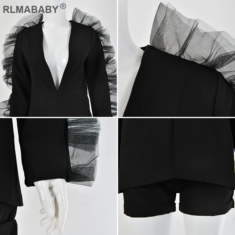 RLMABABY, белый сетчатый блейзер с оборками и шорты, комплект, глубокий v-образный вырез, длинный рукав, Женский комплект 2 шт., сексуальный комплект, Осень-зима