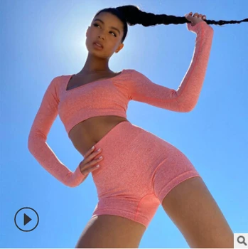 

2020 new sexy long-sleeved shorts sports bottoming casual clothes female jogging clothes yoga suit gym suit multi-color