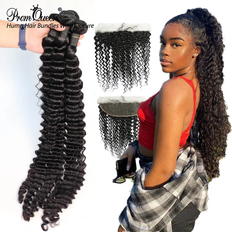 Promqueen-mechones de ondas profundas, cabello humano peruano Frontal, 3 mechones