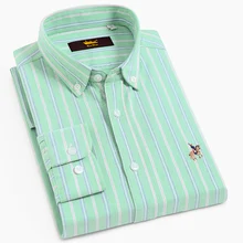 Мужская рубашка в полоску с длинным рукавом, оксфордская хлопковая рубашка с вышитым логотипом, Стандартная посадка, удобные повседневные рубашки на пуговицах