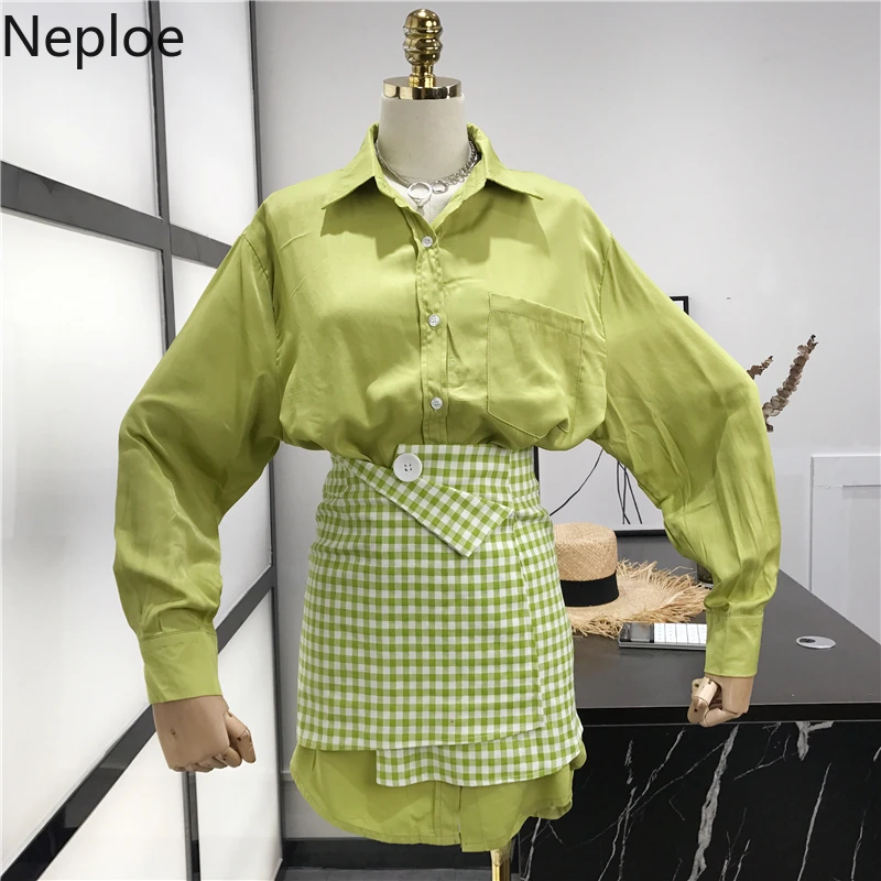 

Neploe Korean Elegant Women Sets Solid Maxi Long Sleeve Blouse + High Waist Hip Plaid Skirt Autumn Conjuntos De Mujer 46104