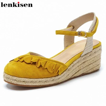 

Lenkisen high quality gladiator sheep suede wedges ruffles waterproof round toe thick high heels ankle straps sweet pumps L17