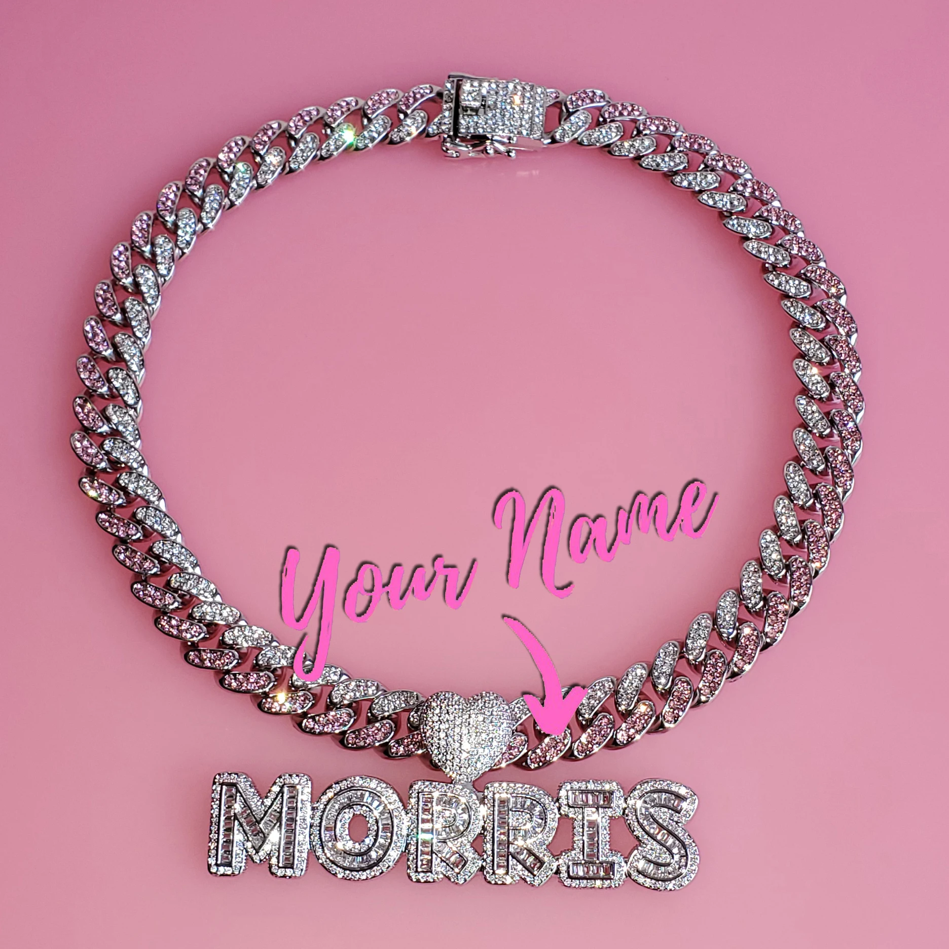 Pink&Clear Stones Cuban Link Chain With Name Pendant Choker Heart Bail Icy Letters Necklace Blingbling Monogram Custom Necklace