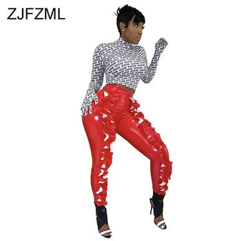 

Letter Printed Streetwear 2 Piece Set Women Turtlenecks Long Sleeve Crop T Shirts and Ruffles Splice Skinny PU Leather Pants