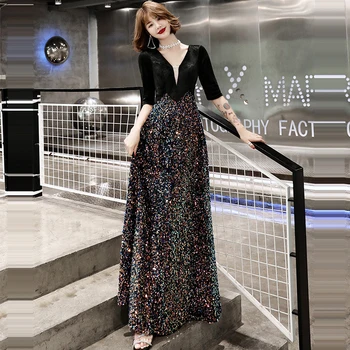 

Skyyue Patchwork Evening Gown Sequined Zipper Plus Size Evening Dress 2020 K324 New V-Neck Half Sleeve Floor Length Party Gown