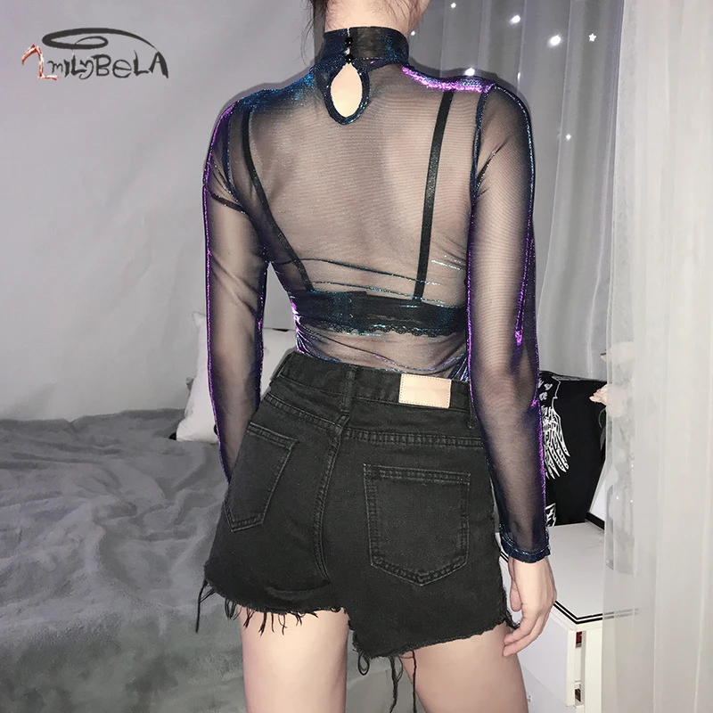 Imily Sexy Mesh Bodysuit Women Long Sleeve Turtleneck Transparent See-through Skinny Shine Bodysuits High Waist Body Mujer Imily Sexy Mesh Bodysuit Women Long Sleeve Turtleneck Transparent See-through Skinny Shine Bodysuits High Waist Body Mujer