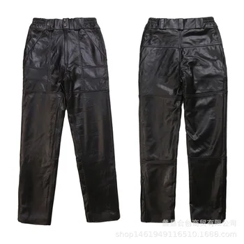 

2019 men leather warm slacks qiu dong first layer suede splicing pants