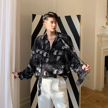 

M-XL Men Tie Long Sleeve Vintage Casual Loose Shirts Japan Korea Style Male Print Dress Shirts Stage Clothing