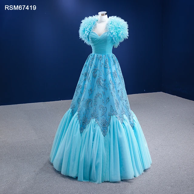 RSM67419 Lace Applique Feather Dress Blue Sparkly Sequin Beaded Evening Dresses Long New Vestidos De Mujer Elegantes Para Fiesta 1