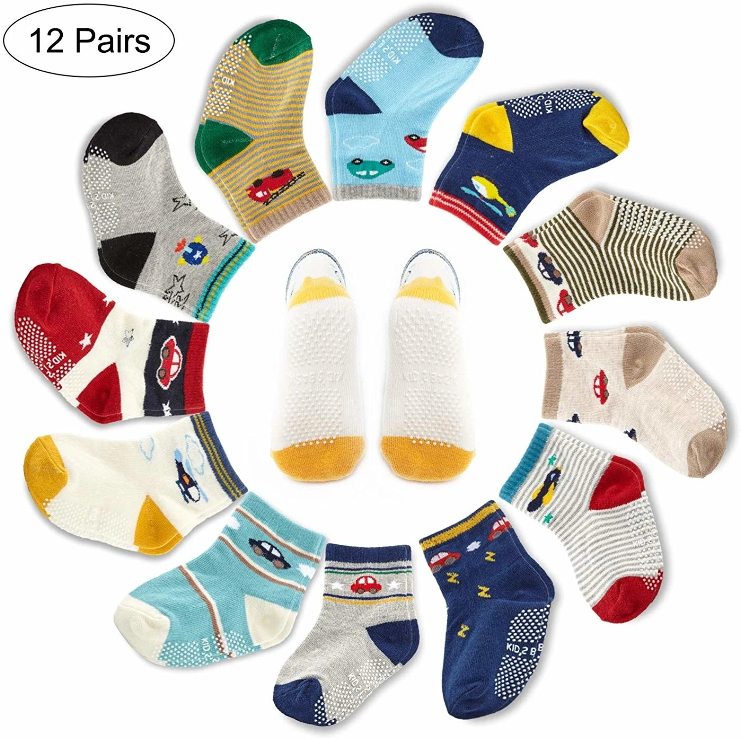 

RICORIT 12 Pack Cotton Crew Socks For Baby Toddler Boys Anti Slip Non-Skid Set With Grips For 12-36 Months Kids Baby Socks Gift
