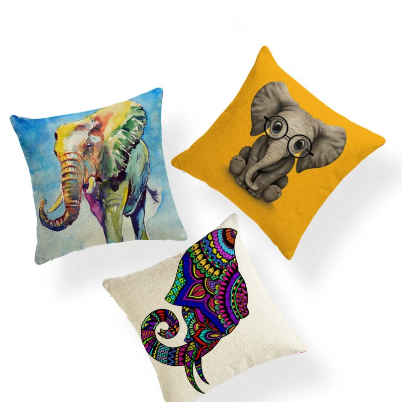 

Personalized Elephant Cushion Set Glasses Watercolor Living Room Sofa Decorative Pillowcase Mandala Polyester Linen Rest Pillow