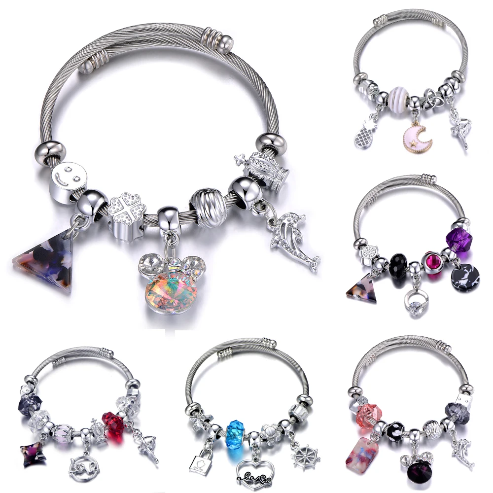 

Silver Color Titanium Steel Charm Bracelet With Mickey Crystal Beads Fine Bracelets & Bangle For Women Kids Party Jewelry Gifts