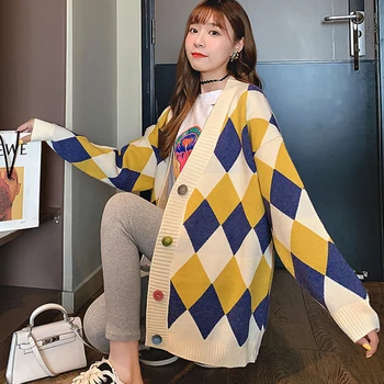 

PEONFLY 2020 Plaid Cardigan Women Korean Loose Long Sleeve Knitted Checked Sweater Cardigan Female Yellow Knitwear Clothes