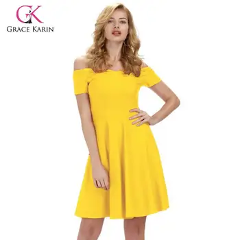 

Grace Karin Vintage 50s 60s Pleated A-line Dress Off Shoulder Cocktail Party Dresses Retro Prom Gown Swing Midi Dress 6 Colors