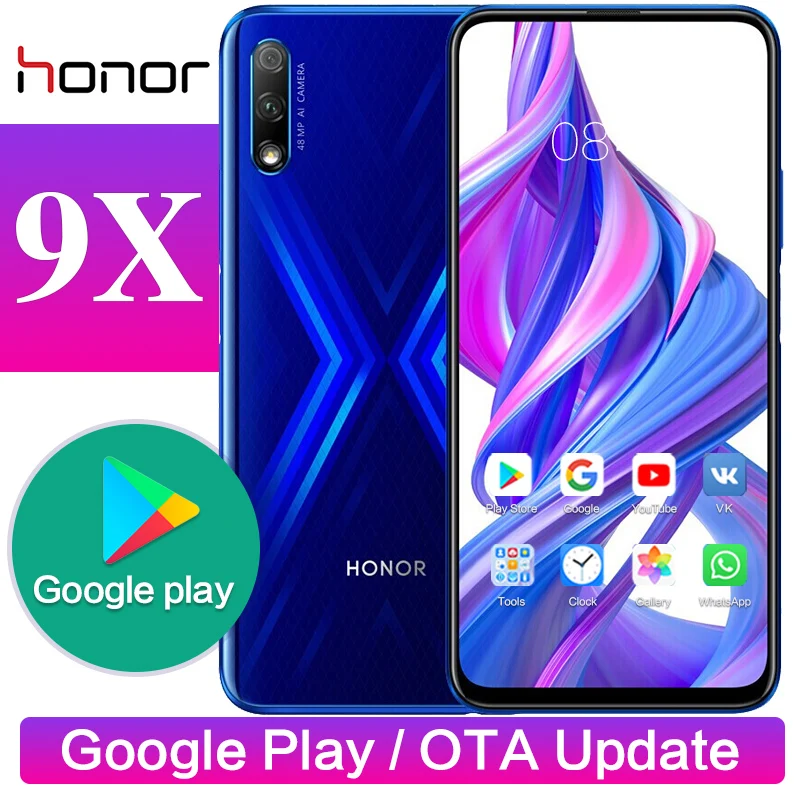 Honor 9X Global rom, 4 ГБ, 64 ГБ, 128 ГБ, 48 МП, две камеры, GPU Kirin 810, четыре ядра, 6,59 дюймов, FHD, полный экран, мобильный телефон, смартфон