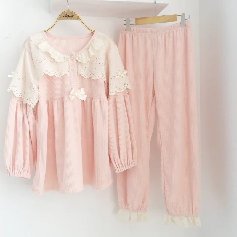 Пижамы женские осенние и зимние Новые Корейские вязаные хлопковые милые теплые мягкие домашние пижамы из двух частей - Цвет: Розовый