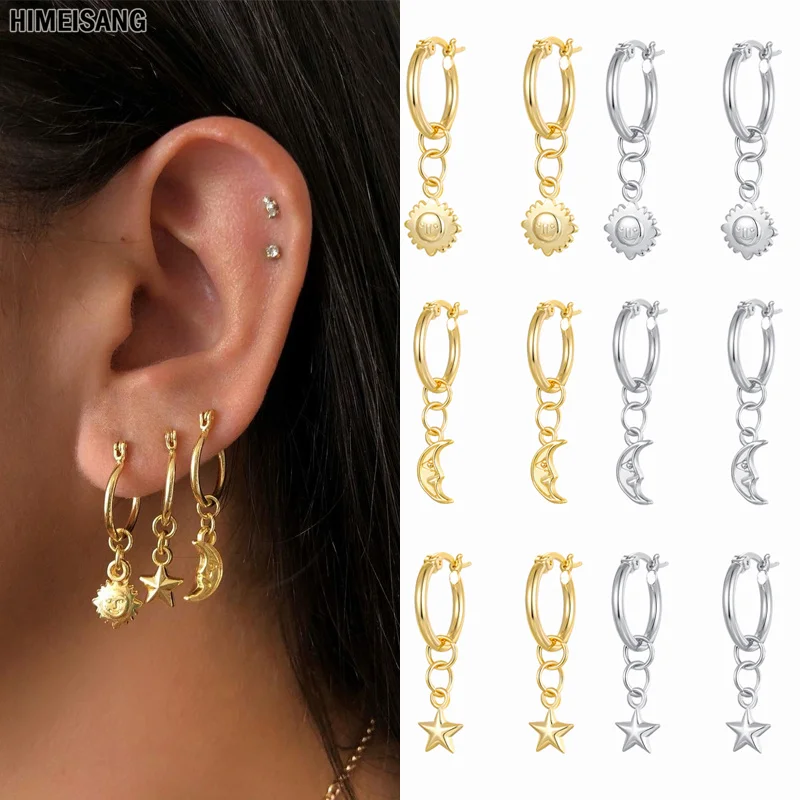 Vintage Earing Hoop Gold Silver Filled Long Drop Earrings for Women Girls Ethnic Moon Sun Star Ear Rings Jewelry Wholesale | Украшения и
