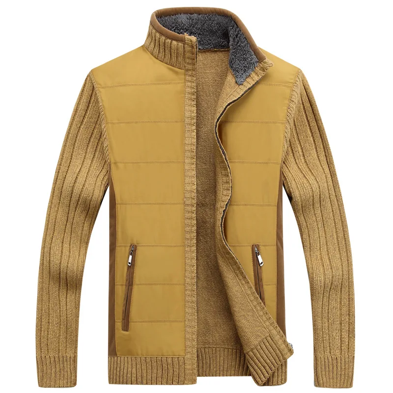

Autumn Winter Sweater Men Patchwork Windbreaker Thick Warm Fleece Cardigan Men Stand Collar Wool Liner Mens Sweaters