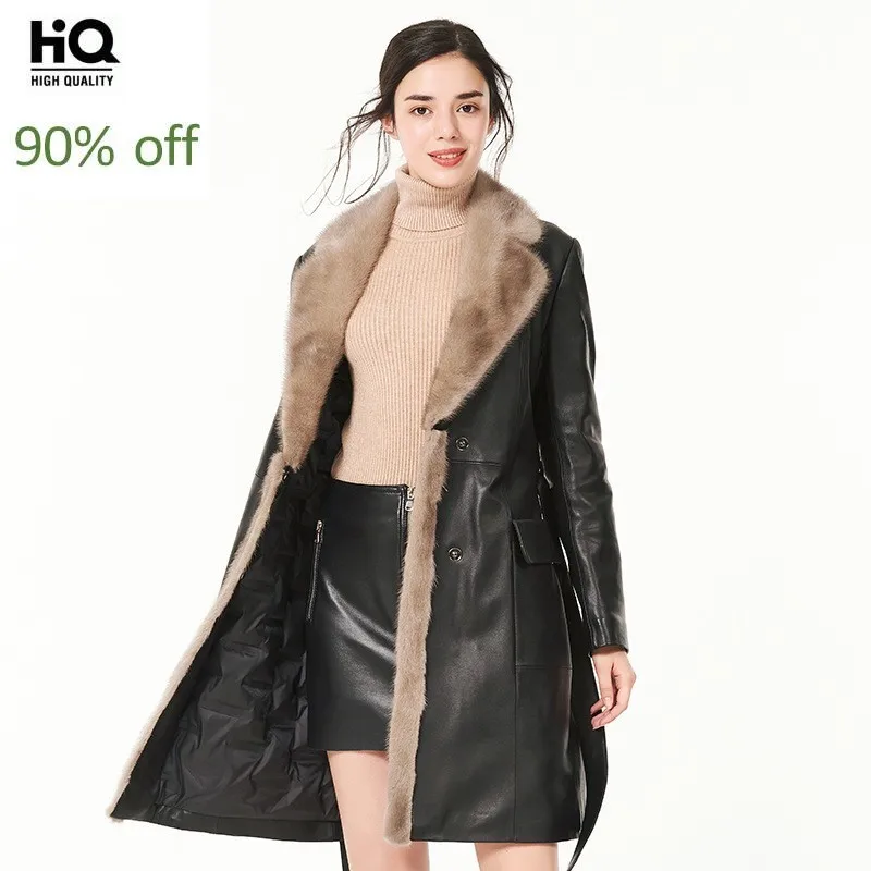 

Designer Brand Genuine Leather Jacket 2020 New Winter Long Down Jacket Fashion Slim Fit Mink Fur Collar Outwear Plus Size 3XL