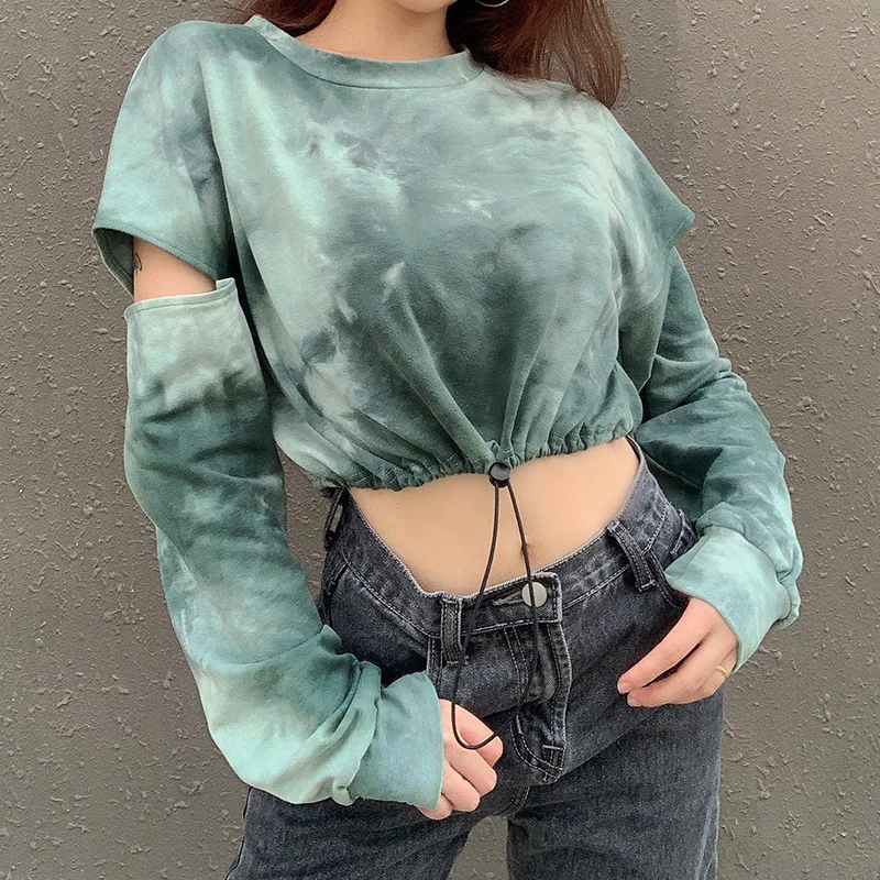 Hipster Cool Women Tie-dye Green T-shirt 2020 Autumn Lady Short-length Drawstring Top Hollow Out Split Long-sleeve O Neck Tshirt